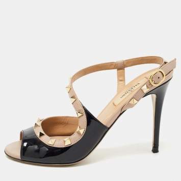 Pre Owned Valentino Black/Dusty Pink Patent and Leather Rockstud Slingback Sandals Size 37