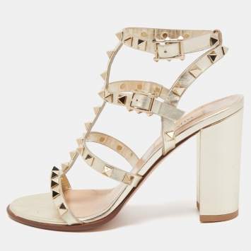 Pre Owned Valentino Gold Foil Leather Rockstud Strappy Block Heel Sandals Size 37