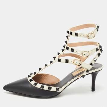 Pre Owned Valentino Black/White Leather Rockstud Cage Pumps Size 37.5