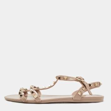 Pre Owned Valentino Beige Rubber Rockstud Ankle Strap Flats Size 37