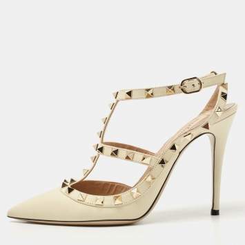 Pre Owned Valentino Cream Leather Rockstud Ankle Strap Pumps Size 39