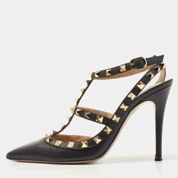 Pre Owned Valentino Black Leather Rockstud Ankle Strap Pumps Size 37