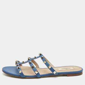 Pre Owned Valentino Navy Blue Leather Rockstud Strappy Flats Size 39