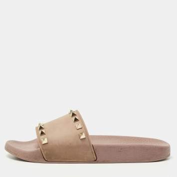 Pre Owned Valentino Beige Rubber Rockstud Slide Flats Size 37