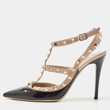Pre Owned Valentino Black/Pink Patent and Leather Rockstud Caged Pumps Size 39.5