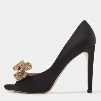 Pre Owned Valentino Black Satin Crystal Embellished Bow Peep Toe D'orsay Pumps Size 39