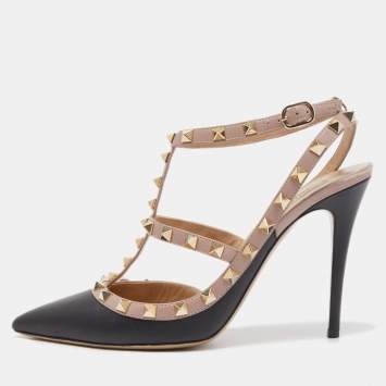Pre Owned Valentino Black Leather Rockstud Ankle Strap Pumps Size 40