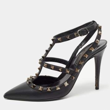 Pre Owned Valentino Black Leather Rockstud Ankle Strap Pumps Size 37