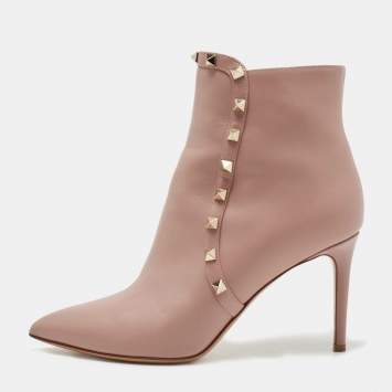 Pre Owned Valentino Pink Leather Rockstud Ankle Boots Size 38