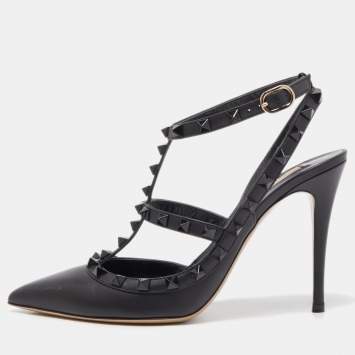 Pre Owned Valentino Black Leather Rockstud Ankle Strap Pumps Size 38.5