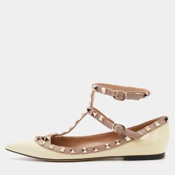 Pre Owned Valentino Beige/Pink Leather and Patent Rockstud Ankle Strap Ballet Flats Size 37