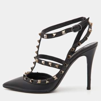 Pre Owned Valentino Black Leather Rockstud Ankle Strap Pumps Size 37