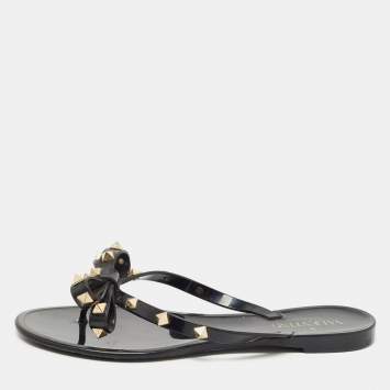 Pre Owned Valentino Black Jelly Rockstud Bow Thong Flats Size 38