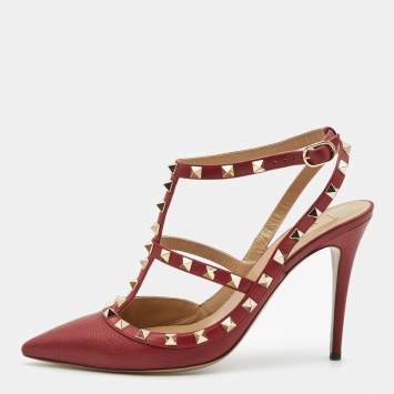 Pre Owned Valentino Red Leather Rockstud Ankle Strap  Pumps Size 40