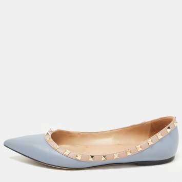 Pre Owned Valentino Blue Leather Rockstud Ballet Flats Size 38.5