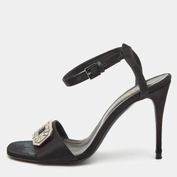 Pre Owned Valentino Black Satin Crystal Embellished Buckle Ankle Strap Sandals Size 37