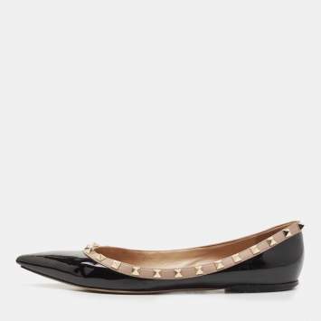 Pre Owned Valentino Black Patent Leather Rockstud Pointed Toe Ballet Flats Size 42