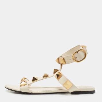 Pre Owned Valentino Cream Leather Roman Stud Ankle Strap Flats Sandals Size 38.5