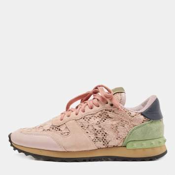 Pre Owned Valentino Pink Leather and Lace  Rockrunner Sneakers Size 38