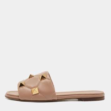 Pre Owned Valentino Beige Leather Roman Stud Flat Slides Size 38