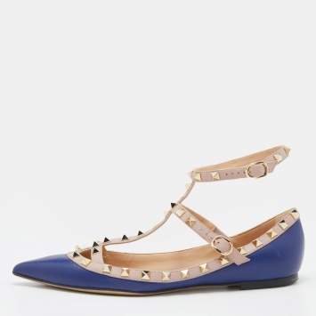 Pre Owned Valentino Blue/Beige Leather Rockstud T Strap Ballet Flats Size 39.5