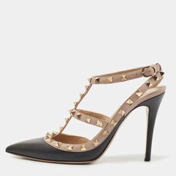 Pre Owned Valentino Black/Beige Leather Rockstud Pumps Size 38.5