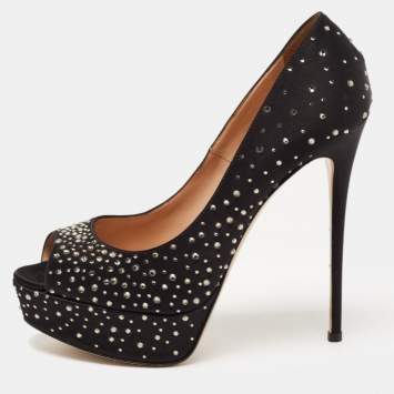 Pre Owned Valentino Black Crystal Embellished Satin Peep Toe Platform Pumps Size 38.5
