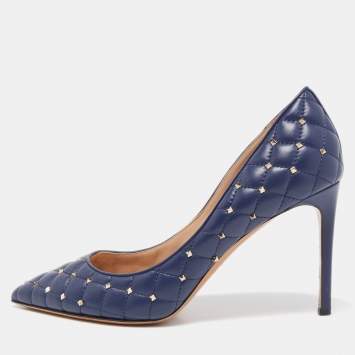 Pre Owned Valentino Navy Blue Quilted Leather Rockstud Spike Pumps Size 41