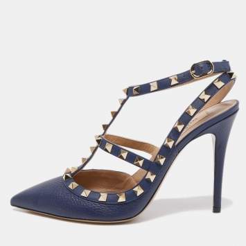 Pre Owned Valentino Navy Blue Leather Rockstud Ankle Strap Pumps Size 39