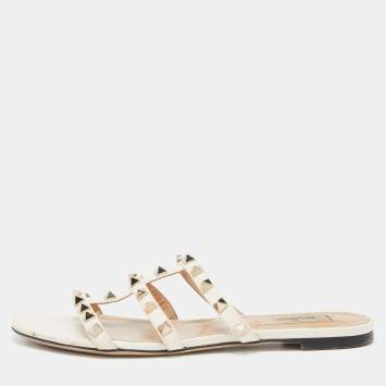 Pre Owned Valentino White Leather Rockstud Slide Flats Size 37
