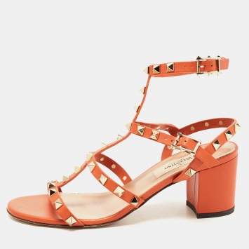 Pre Owned Valentino Orange Leather Rockstud Ankle Strap Sandals Size 36.5