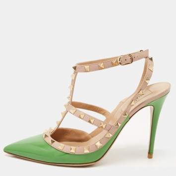 Pre Owned Valentino Green/Beige Patent and Leather Rockstud Pumps Size 40.5