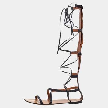 Pre Owned Valentino Black Leather Knee High Gladiator Sandals Size 38