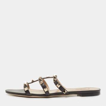 Pre Owned Valentino Black Leather Rockstud Flat Slides Size 38