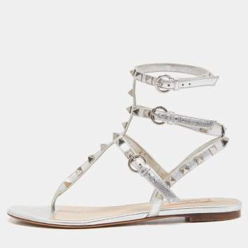 Pre Owned Valentino Silver Leather Rockstud Thong Flat Sandals Size 38