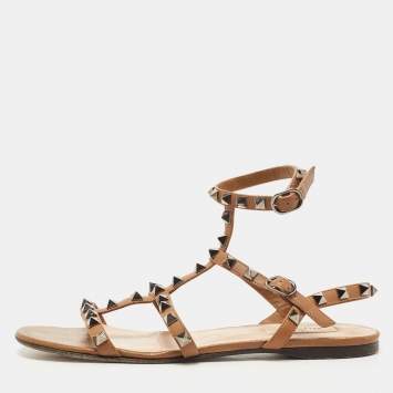 Pre Owned Valentino Brown Leather Rockstud Ankle Strap Flat Sandals Size 38