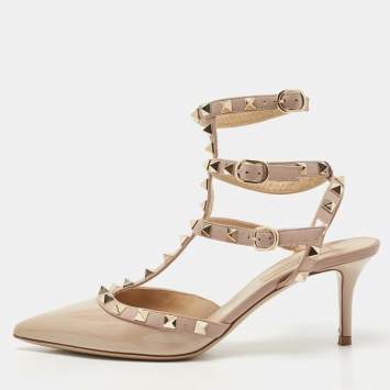 Pre Owned Valentino Two Tone Patent and Leather Rockstud Ankle Strap Pumps Size 37