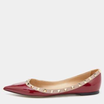 Pre Owned Valentino Red/Pink Patent Leather Rockstud Pointed Toe Ballet Flats Size 39.5