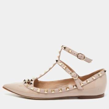 Pre Owned Valentino Dusty Pink Patent Leather Rockstud Ankle Strap Ballet Flats Size 38