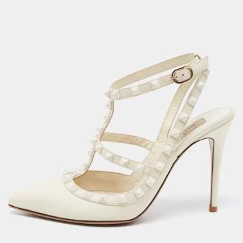 Pre Owned Valentino White Leather Rockstud Strappy Pointed Toe Pumps Size 37.5