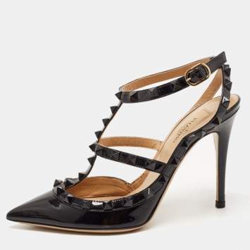 Pre Owned Valentino Black Patent Leather Rockstud Strappy Pointed Toe Pumps Size 35