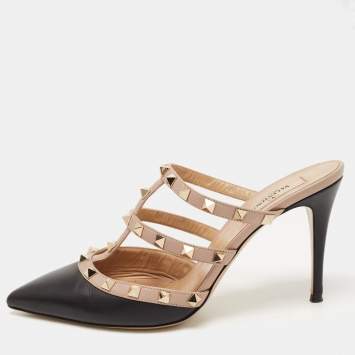 Pre Owned Valentino Black Leather Rockstud Strappy Pointed Toe Mules Size 38.5