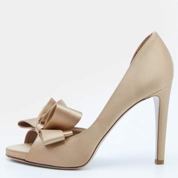 Pre Owned Valentino Beige Satin Bow D'orsay Pumps Size 37