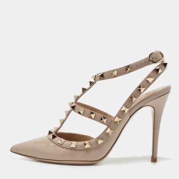 Pre Owned Valentino Powder Pink Patent Leather Rockstud Strappy Pointed Toe Pumps Size 35.5