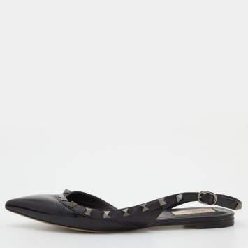 Pre Owned Valentino Black Patent and Leather Rockstud D'orsay Flats Size 38
