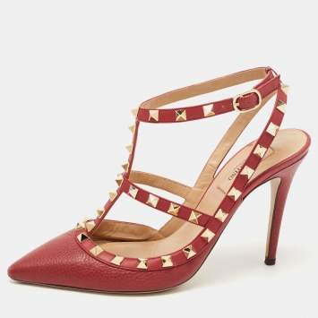 Pre Owned Valentino Red Leather Rockstud Strappy Pointed Toe Pumps Size 38