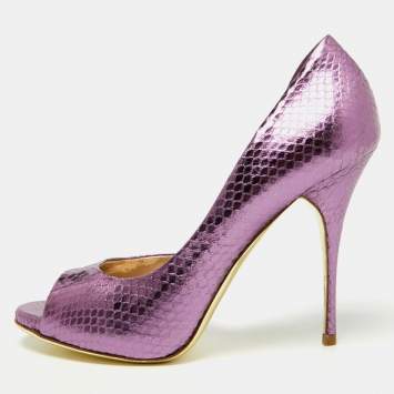 Pre Owned Valentino Metallic Purple Embossed Snakeskin Open Toe D'orsay Pumps Size 36.5