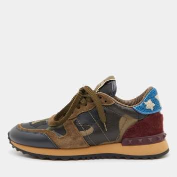 Pre Owned Valentino Multicolor Camo Print Canvas and Leather Rockrunner Sneakers Size 37