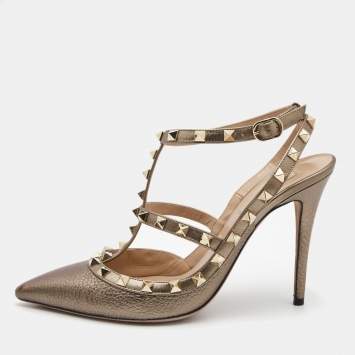Pre Owned Valentino Metallic Grey Leather Rockstud Ankle Strap Pumps Size 39