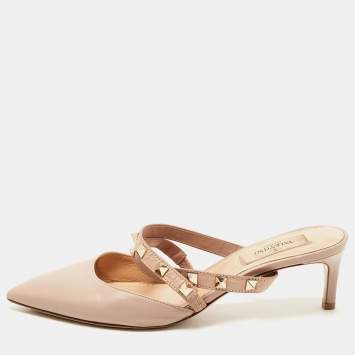 Pre Owned Valentino Beige Leather Rockstud Strappy Mules Size 37